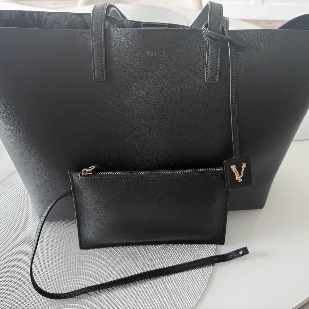 Versace Black Leather Tote Bag with Pouch